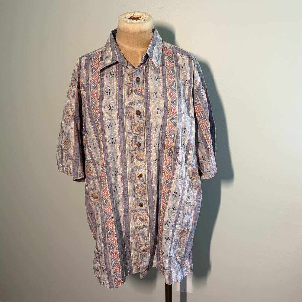 Cooke Street Honolulu Mens XL Cotton Floral Geometric Striped Aloha Shirt Blue